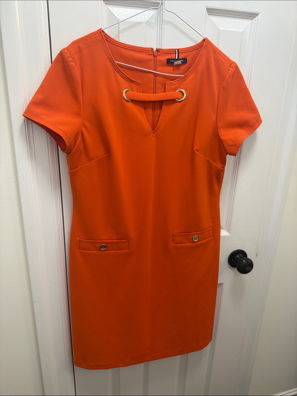 Tommy Hilfiger Bright Orange Short-Sleeve Shift Dress with Grommet Detail
